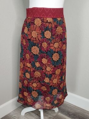 Lularoe Lola Floral Boho Midi Skirt in Burgundy, Orange, Teal XL